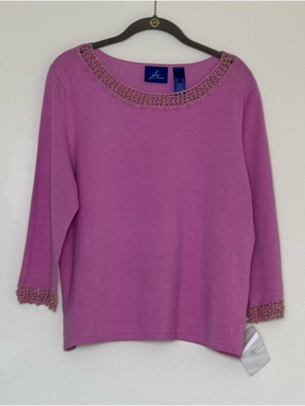 JH Collectibles Pink Sweater with Beaded Crochet Trim